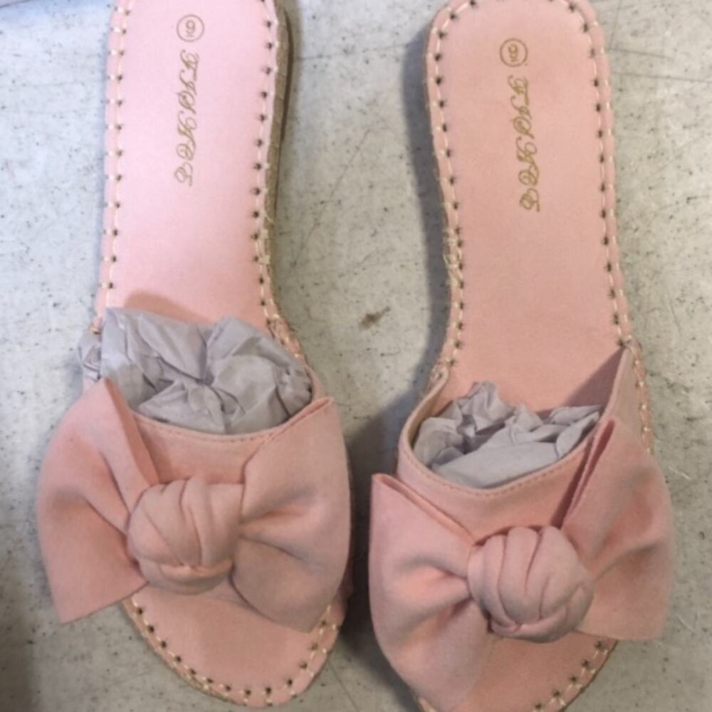 New Pink Bow Slide Sandals Espadrille Stotch Faux Suede Flats Cute Summer Size 9 - Picture 2 of 7